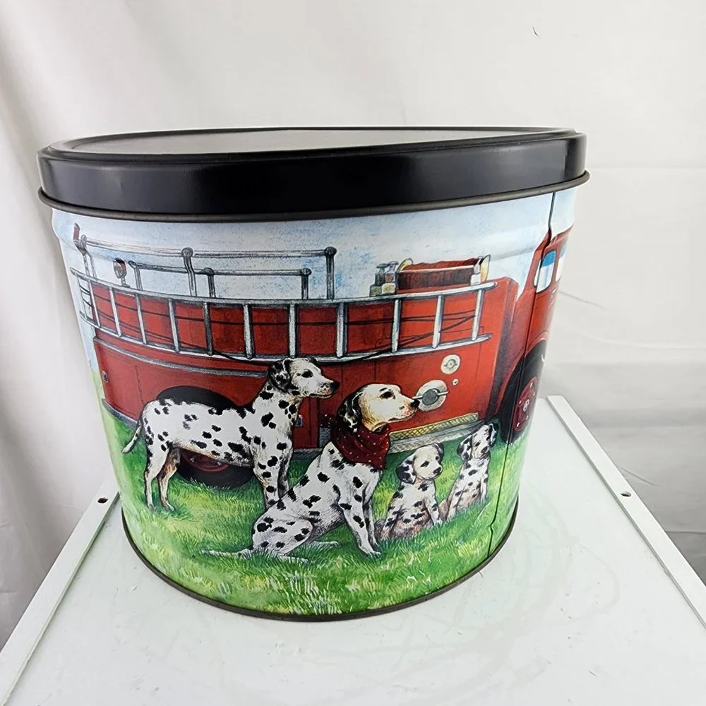 Bertels Can Company Fire Engine Dalmations Collectible Large Tin